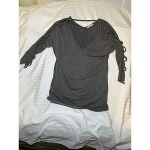 Elesol Womens Gray Lace Up Sleeve Top Medium V Neck Casual Stretch Blouse